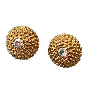 Gold-Tone Textured Dome Earrings With Rhinestone Accents
